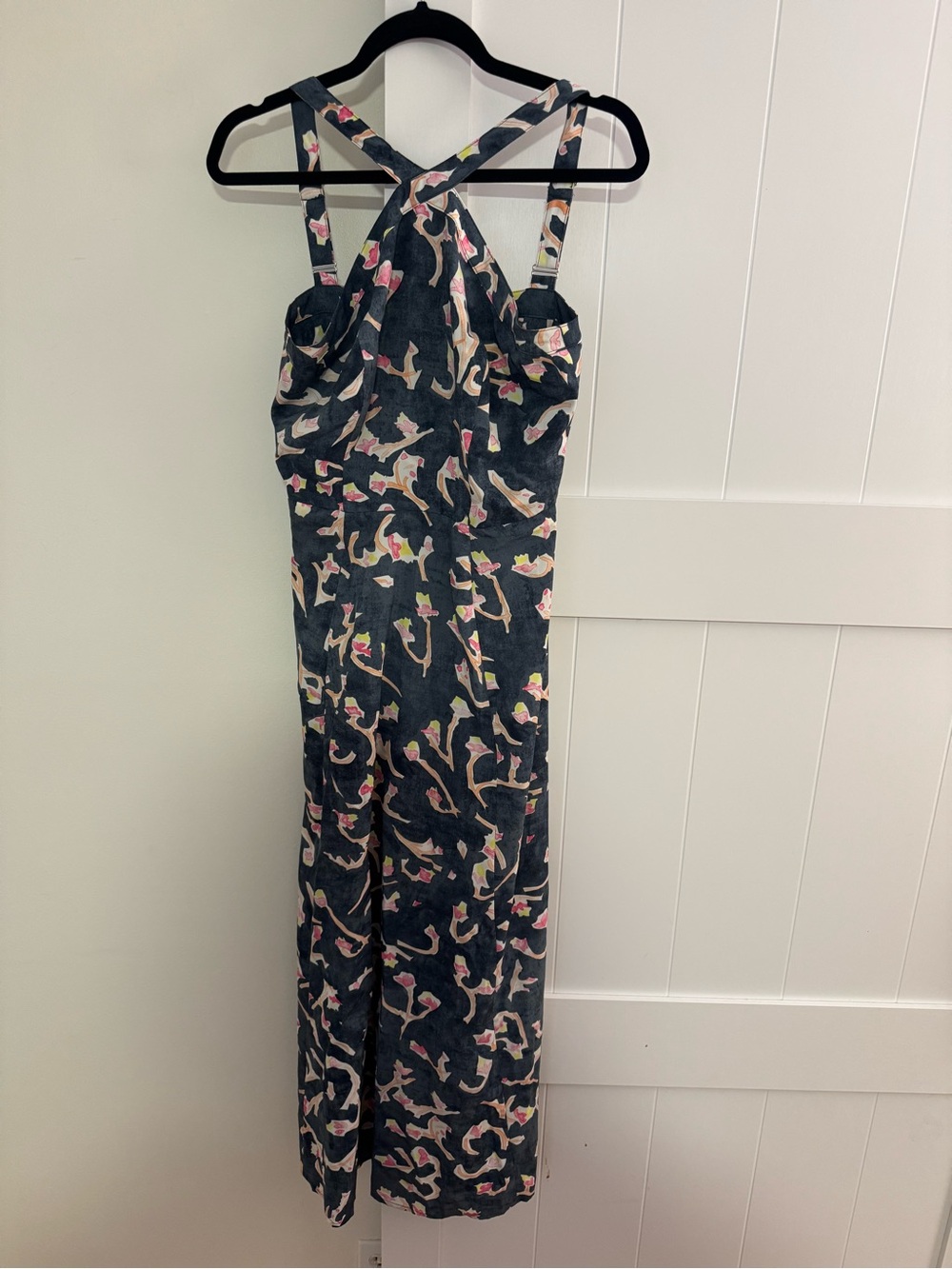 CAbi Blue Floral Cross-Back Maxi Dress with Pink & Cream Accents